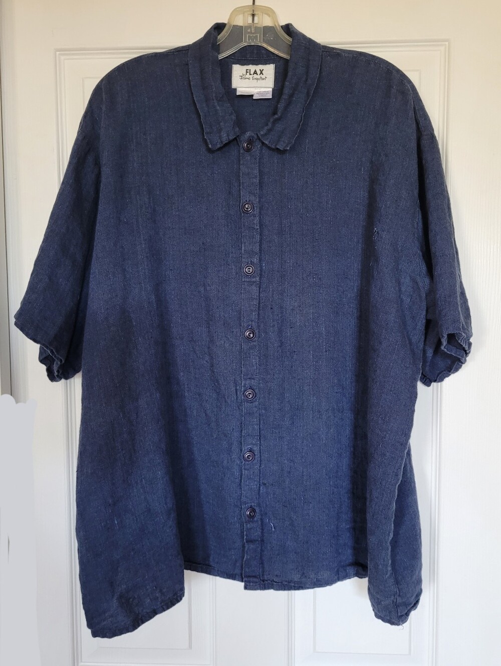 FLAX by JEANNE ENGLEHART LINEN SHIRT RELAXED BUTTON UP SHORT SLEEVE CAMP LARGE